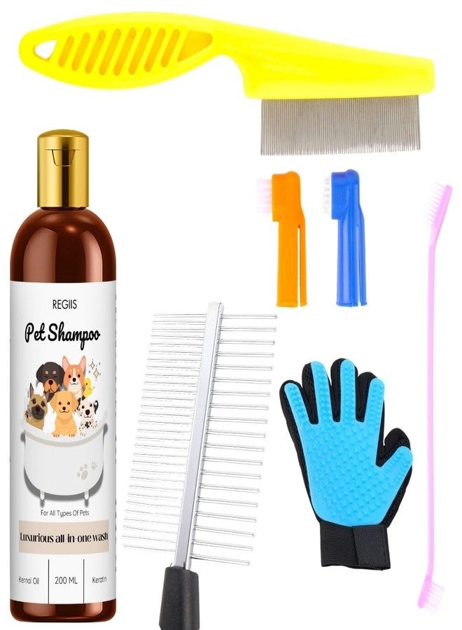 مجموعة العناية بالحيوانات الأليفة مع شامبو، أمشاط، قفاز لإزالة الشعر الزائد وأدوات تنظيف، 200 مل (عبوة من 5 قطع) - Image 1